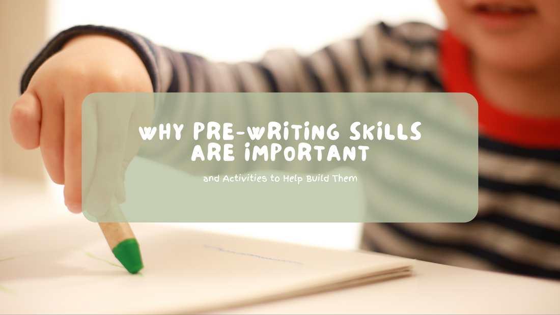 preschool aged child using a crayon on a blog post that is about the importance of pre-writing, how to develop those skills, and activities for homeschool preschool pre-writing